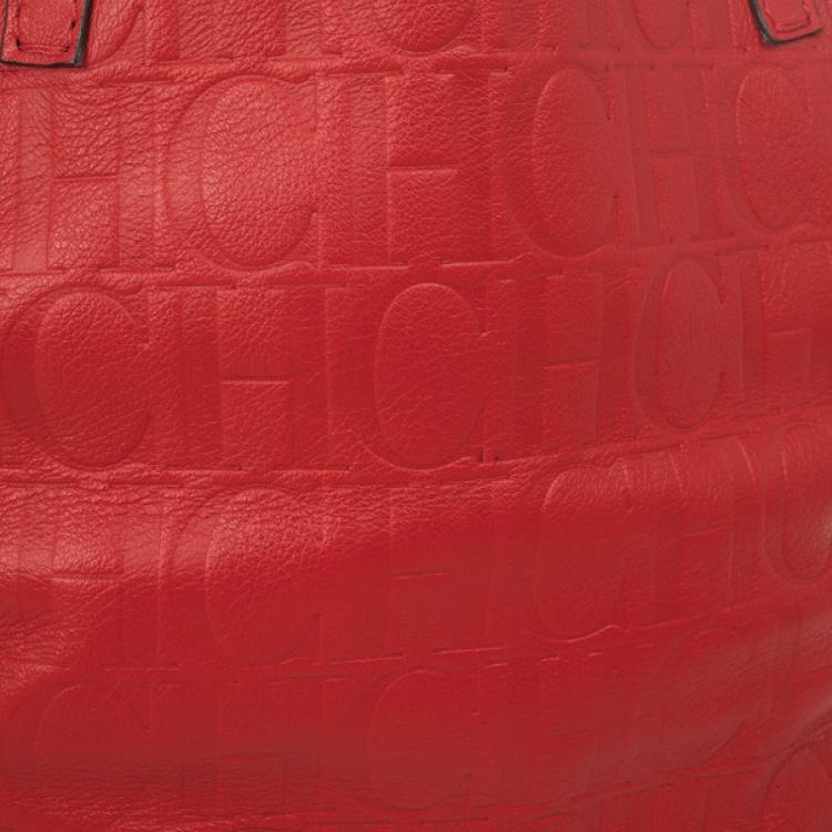 Pre Owned Carolina Herrera Red Monogram Embossed Extra Small Matryoshka Tote