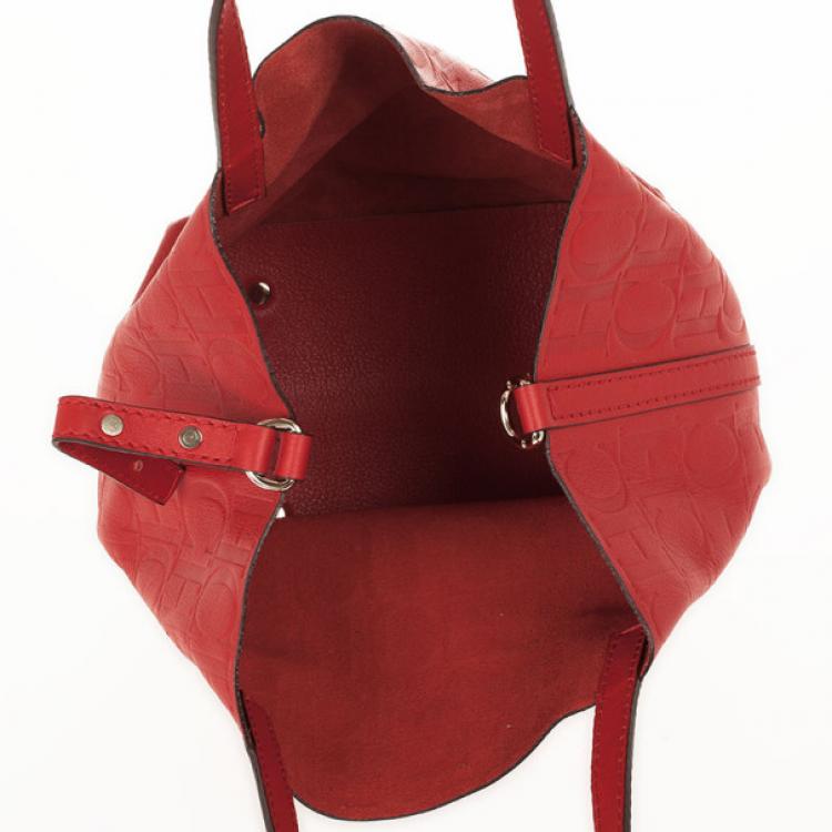 Pre Owned Carolina Herrera Red Monogram Embossed Extra Small Matryoshka Tote