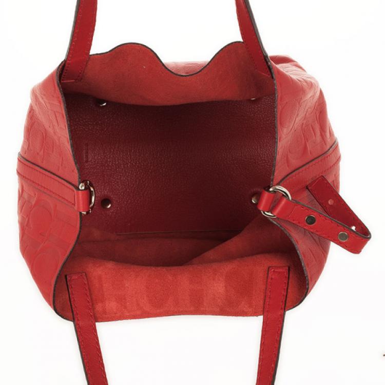 Pre Owned Carolina Herrera Red Monogram Embossed Extra Small Matryoshka Tote