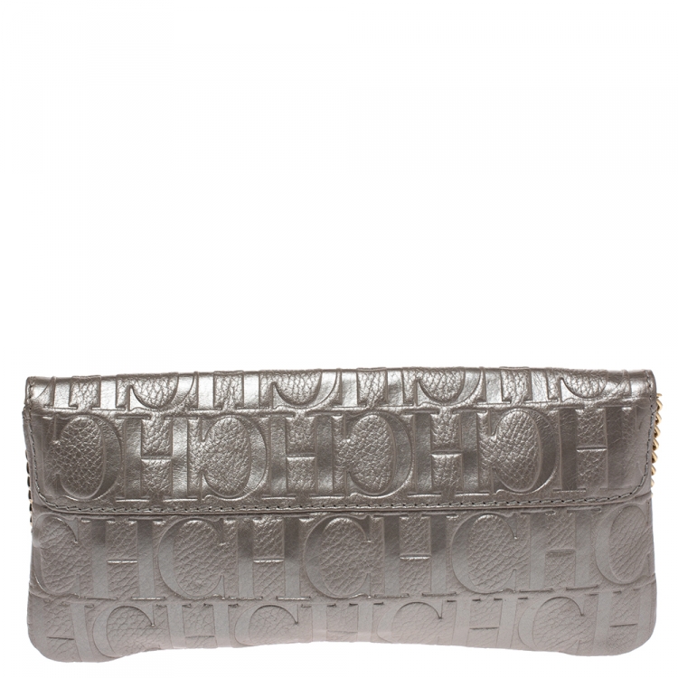 Pre Owned Carolina Herrera Silver Monogram Leather Bow Chain Clutch