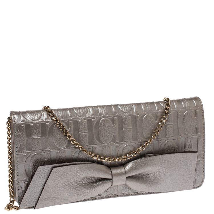 Pre Owned Carolina Herrera Silver Monogram Leather Bow Chain Clutch