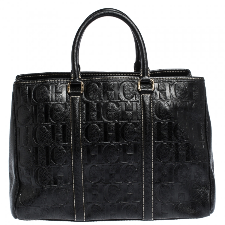 Pre Owned Carolina Herrera Black Monogram Leather Matteo Tote
