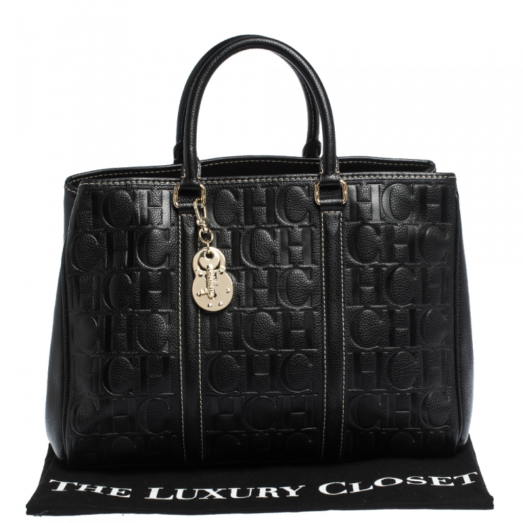Pre Owned Carolina Herrera Black Monogram Leather Matteo Tote