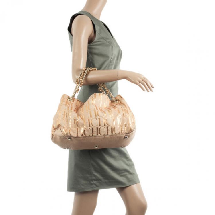Pre Owned Carolina Herrera Metallic Monogram CH Leather Tote