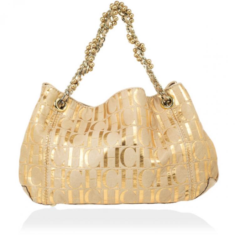 Pre Owned Carolina Herrera Metallic Monogram CH Leather Tote