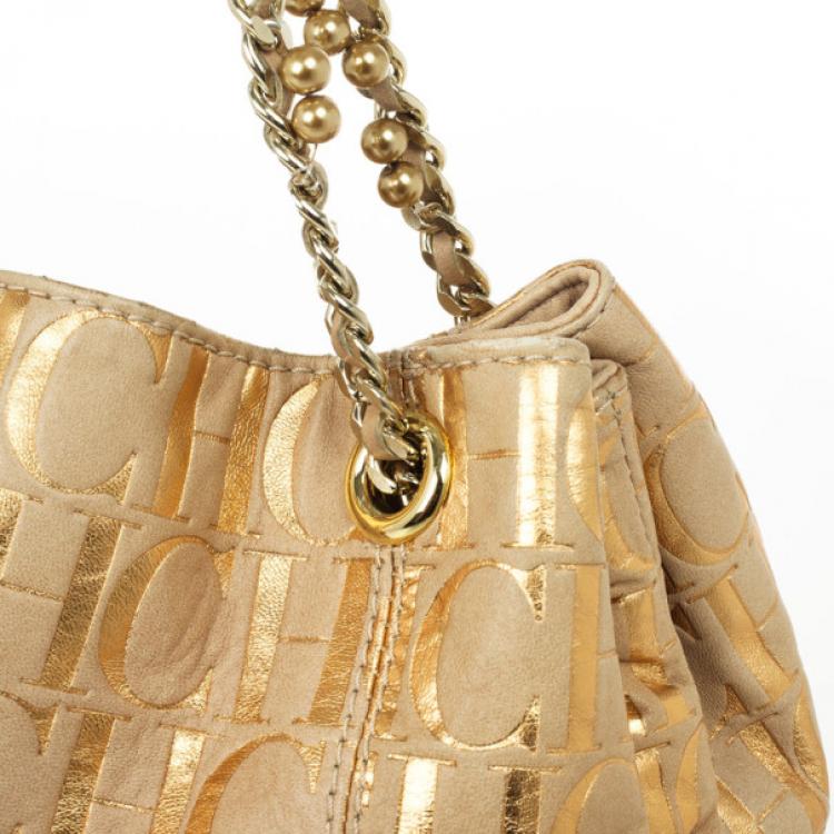 Pre Owned Carolina Herrera Metallic Monogram CH Leather Tote
