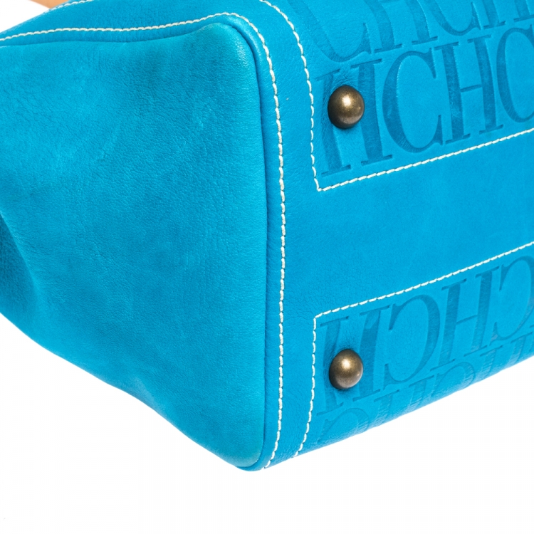 Pre Owned Carolina Herrera Blue Monogram Embossed Leather Tote