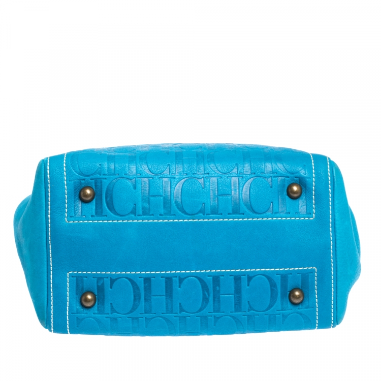 Pre Owned Carolina Herrera Blue Monogram Embossed Leather Tote