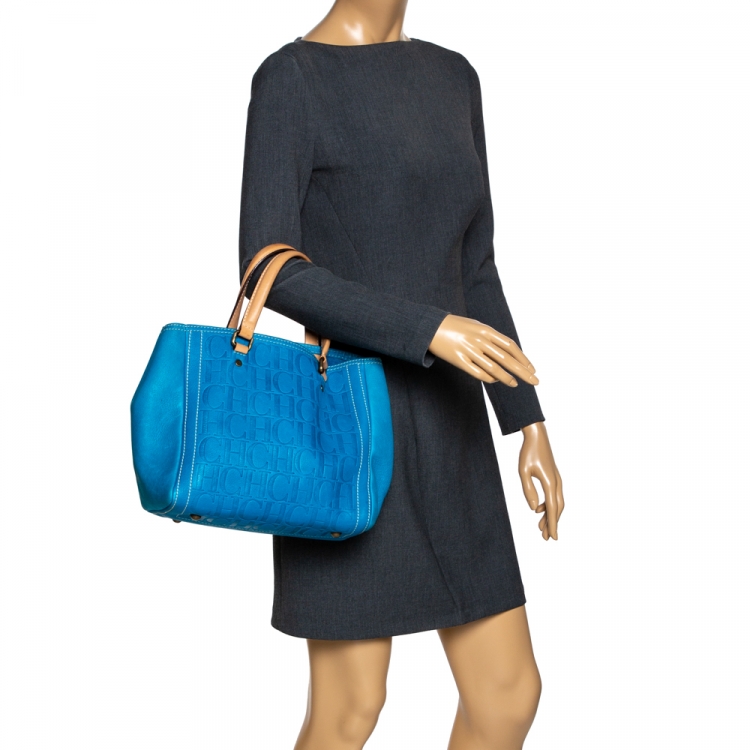 Pre Owned Carolina Herrera Blue Monogram Embossed Leather Tote