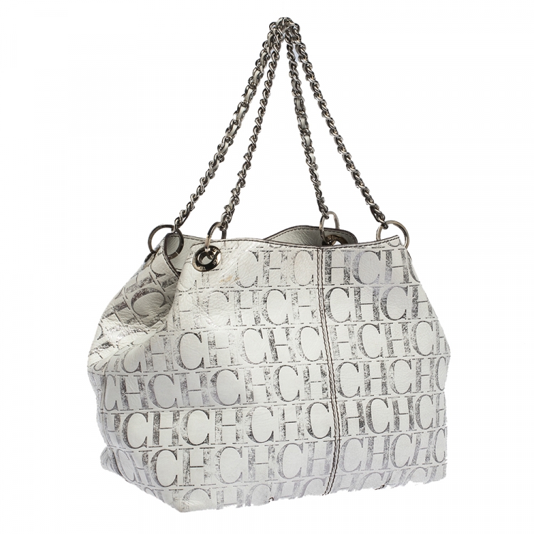 Pre Owned Carolina Herrera White/Silver Monogram Embossed Leather Chain Tote