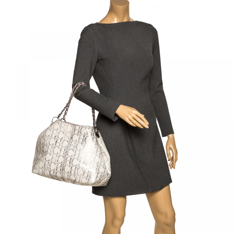Pre Owned Carolina Herrera White/Silver Monogram Embossed Leather Chain Tote