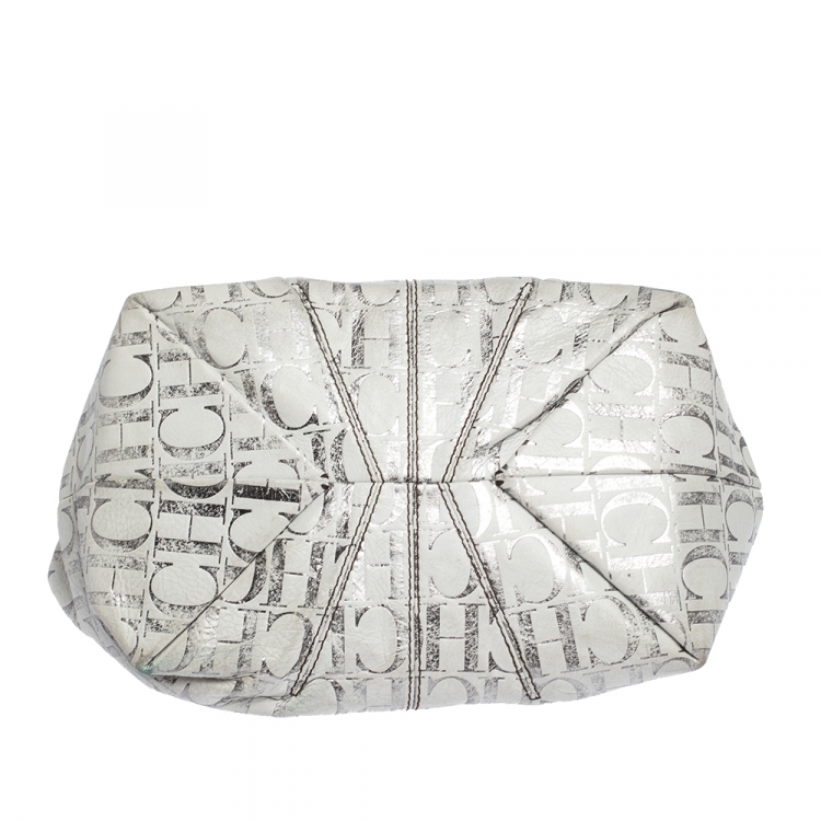 Pre Owned Carolina Herrera White/Silver Monogram Embossed Leather Chain Tote