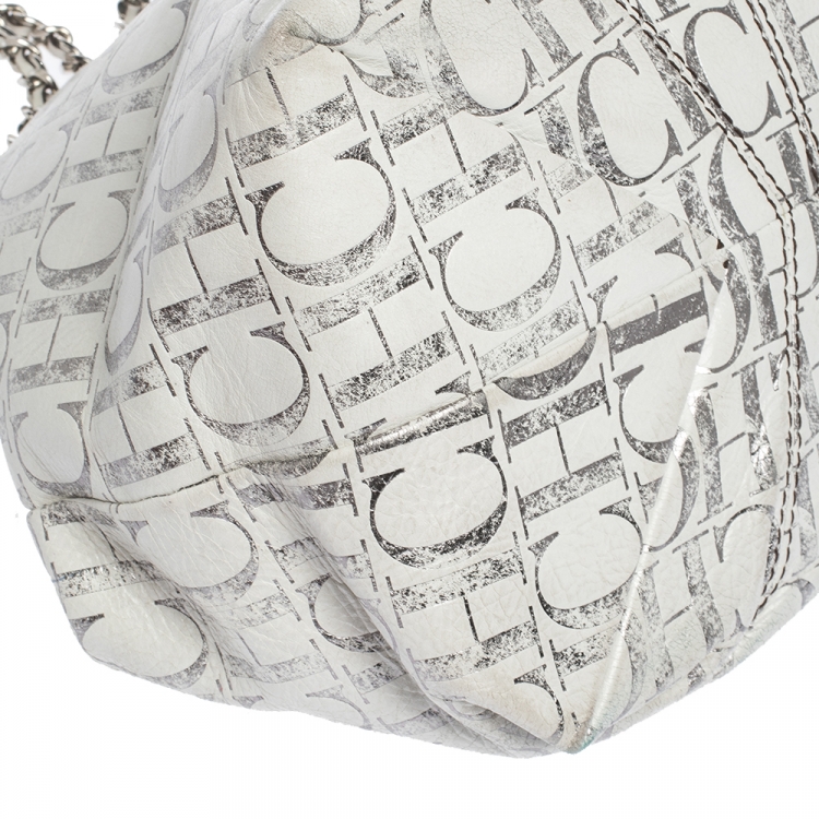 Pre Owned Carolina Herrera White/Silver Monogram Embossed Leather Chain Tote