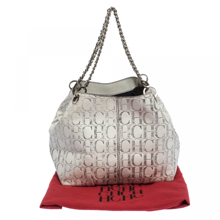 Pre Owned Carolina Herrera White/Silver Monogram Embossed Leather Chain Tote