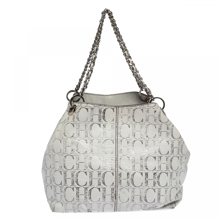 Pre Owned Carolina Herrera White/Silver Monogram Embossed Leather Chain Tote