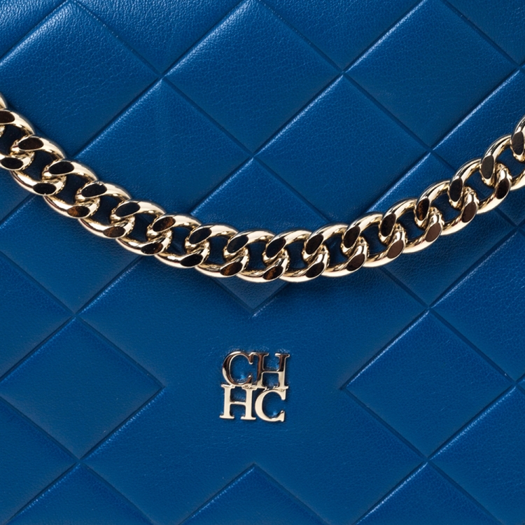 Pre Owned Carolina Herrera Blue Quilted Leather Flap Shoulder Bag