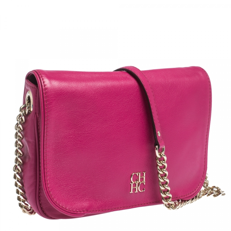 Pre Owned Carolina Herrera Magenta Leather Flap Shoulder Bag