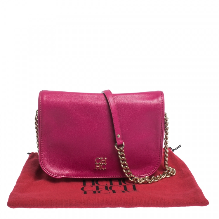 Pre Owned Carolina Herrera Magenta Leather Flap Shoulder Bag