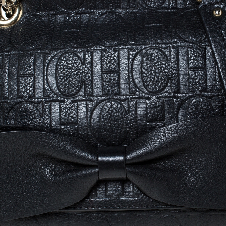 Pre Owned Carolina Herrera Black Embossed Leather Audrey Shoulder Bag