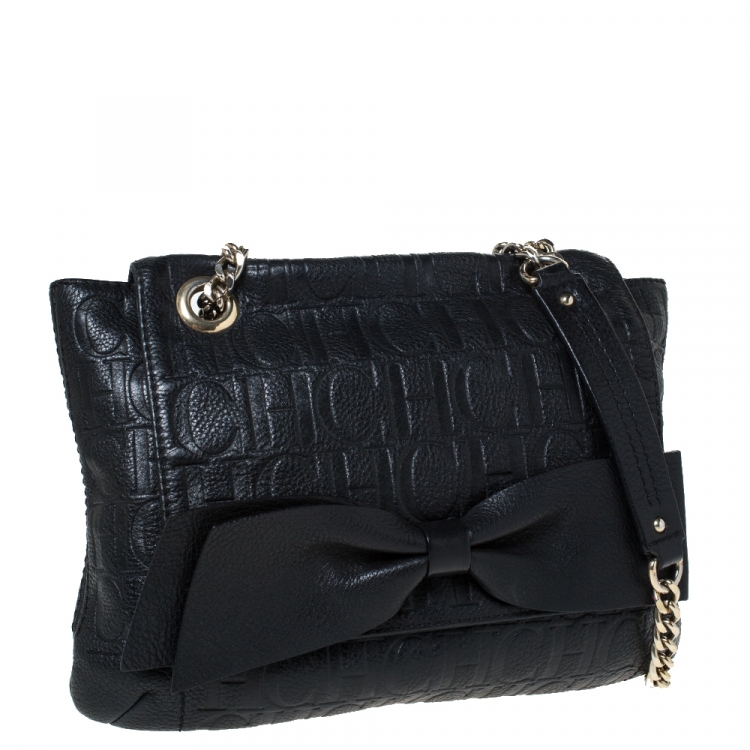 Pre Owned Carolina Herrera Black Embossed Leather Audrey Shoulder Bag