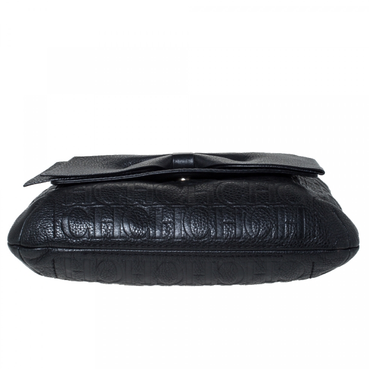 Pre Owned Carolina Herrera Black Embossed Leather Audrey Shoulder Bag