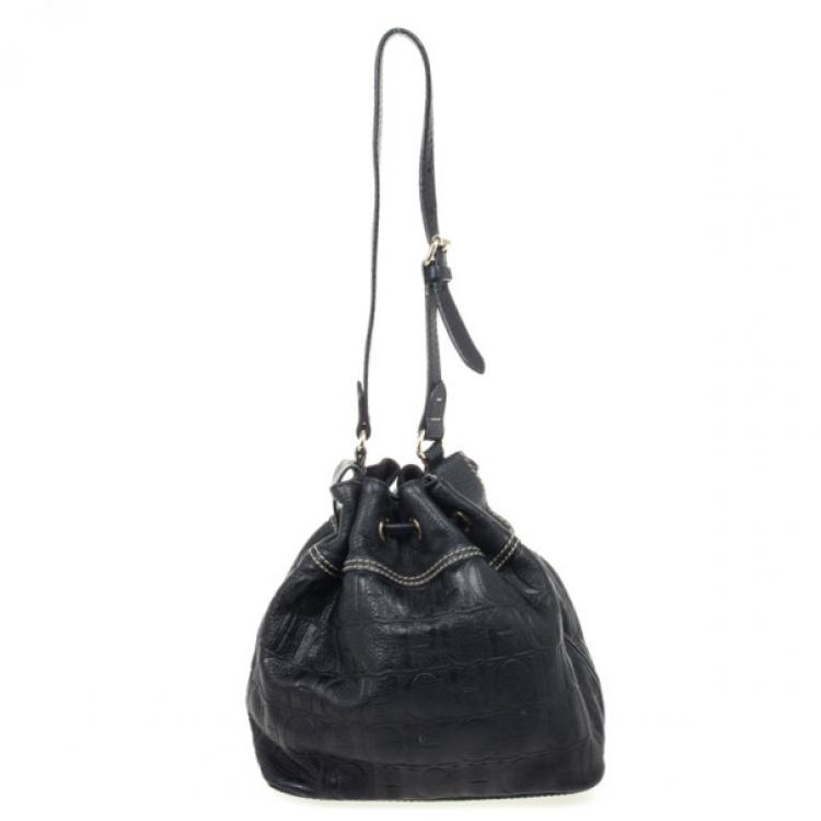 Pre Owned Carolina Herrera Black Embossed Logo Drawstring Shoulder Bag