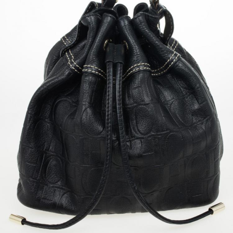 Pre Owned Carolina Herrera Black Embossed Logo Drawstring Shoulder Bag