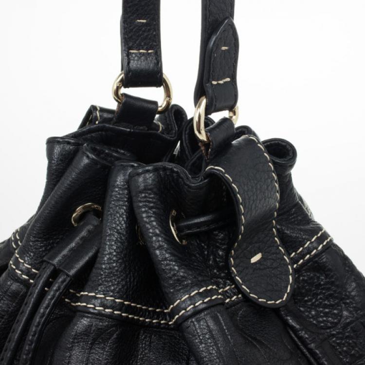 Pre Owned Carolina Herrera Black Embossed Logo Drawstring Shoulder Bag