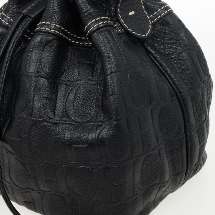 Pre Owned Carolina Herrera Black Embossed Logo Drawstring Shoulder Bag