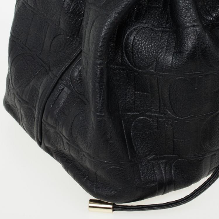Pre Owned Carolina Herrera Black Embossed Logo Drawstring Shoulder Bag