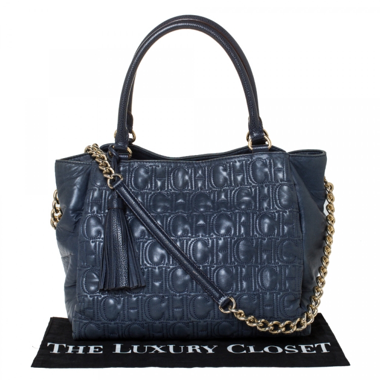 Pre Owned Carolina Herrera Blue Monogram Leather Tote