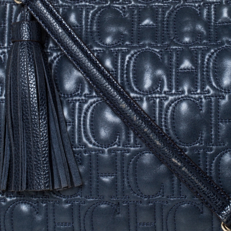 Pre Owned Carolina Herrera Blue Monogram Leather Tote