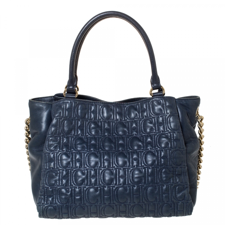 Pre Owned Carolina Herrera Blue Monogram Leather Tote