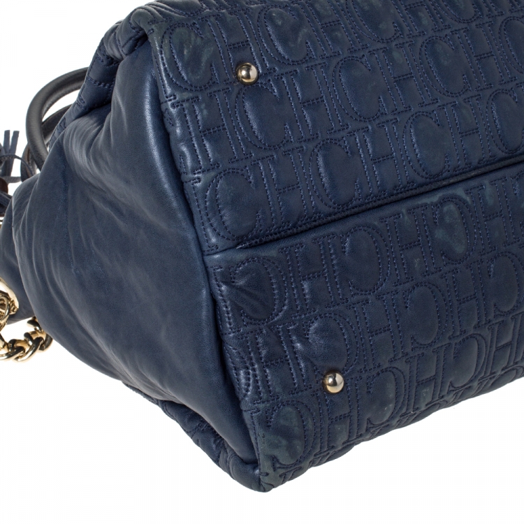 Pre Owned Carolina Herrera Blue Monogram Leather Tote
