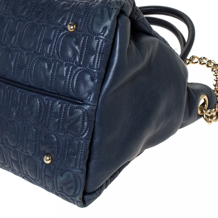 Pre Owned Carolina Herrera Blue Monogram Leather Tote