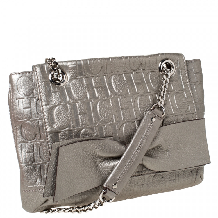 Pre Owned Carolina Herrera Grey Monogram Embossed Leather Audrey Shoulder Bag