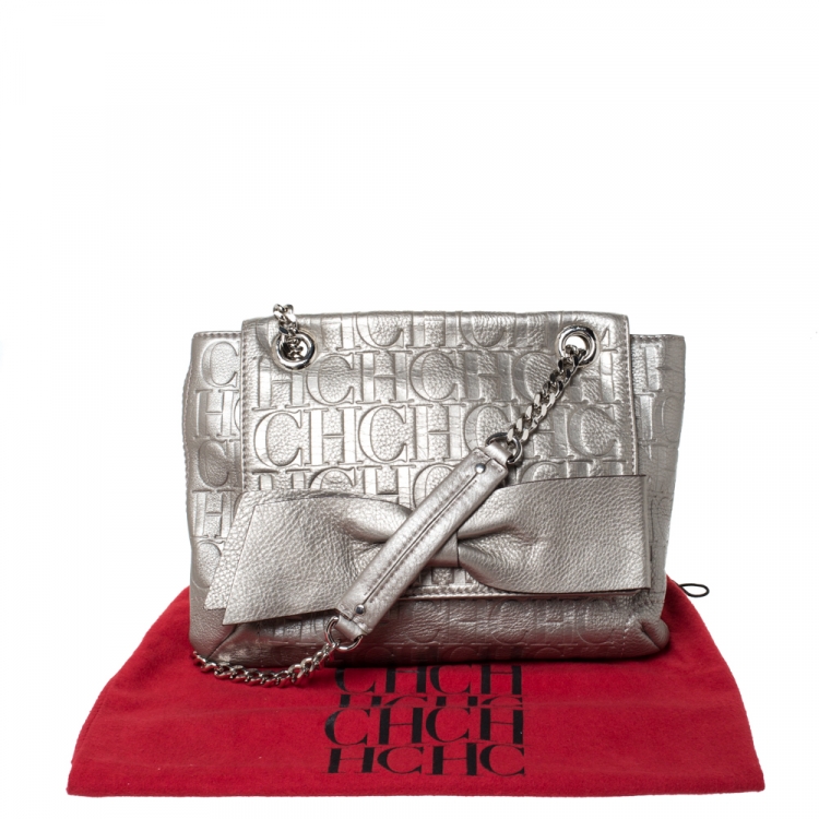 Pre Owned Carolina Herrera Grey Monogram Embossed Leather Audrey Shoulder Bag