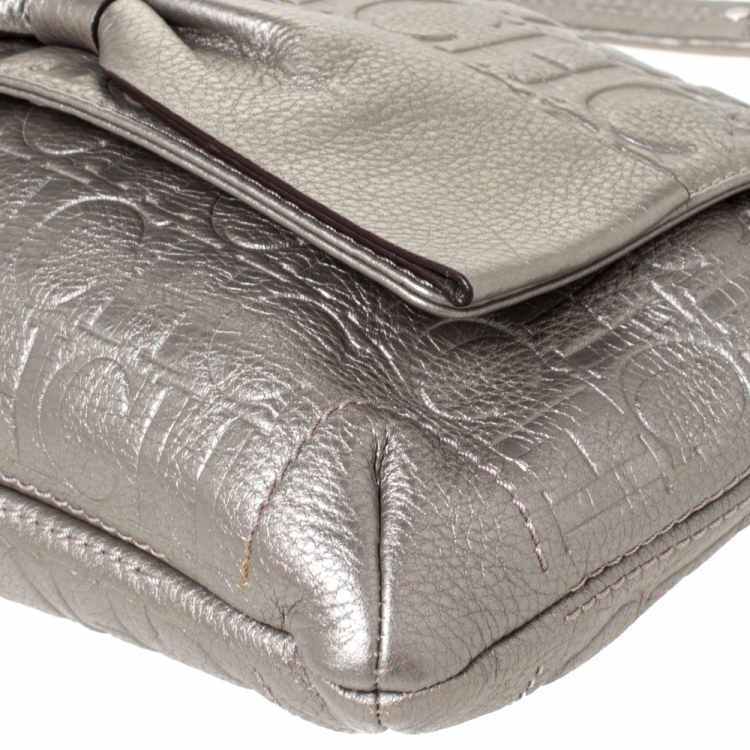 Pre Owned Carolina Herrera Grey Monogram Embossed Leather Audrey Shoulder Bag