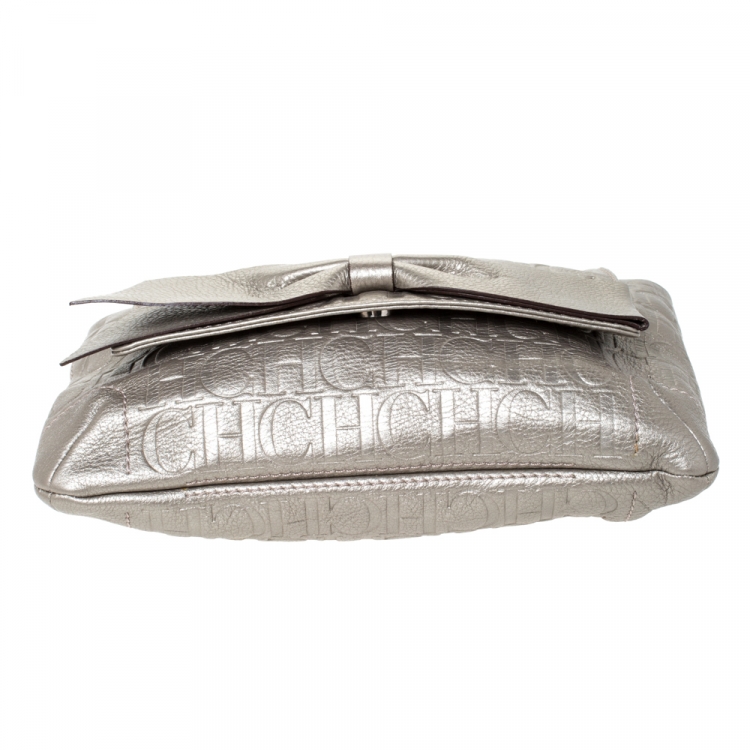 Pre Owned Carolina Herrera Grey Monogram Embossed Leather Audrey Shoulder Bag