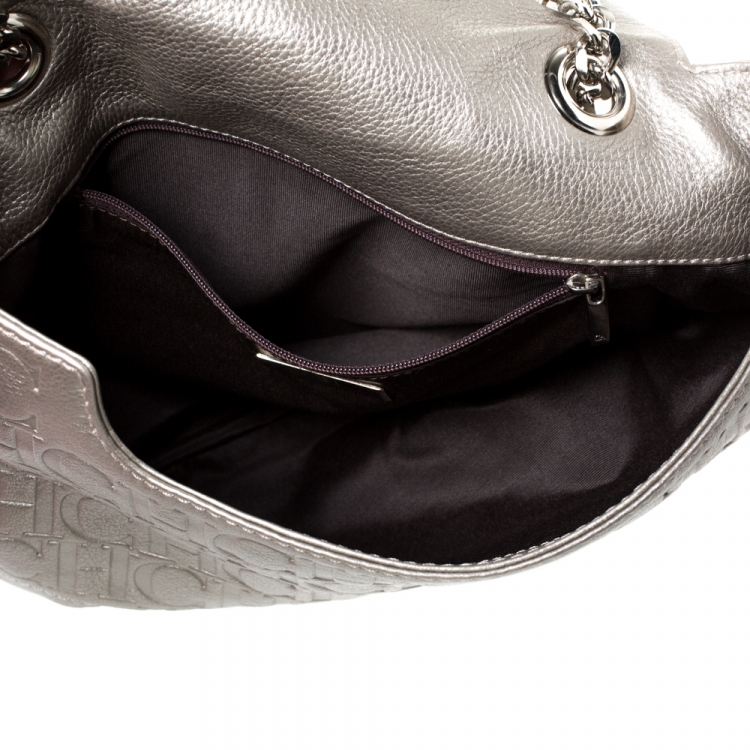 Pre Owned Carolina Herrera Grey Monogram Embossed Leather Audrey Shoulder Bag