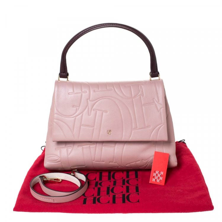 Pre Owned Carolina Herrera Pink Embossed Leather Top Handle Bag