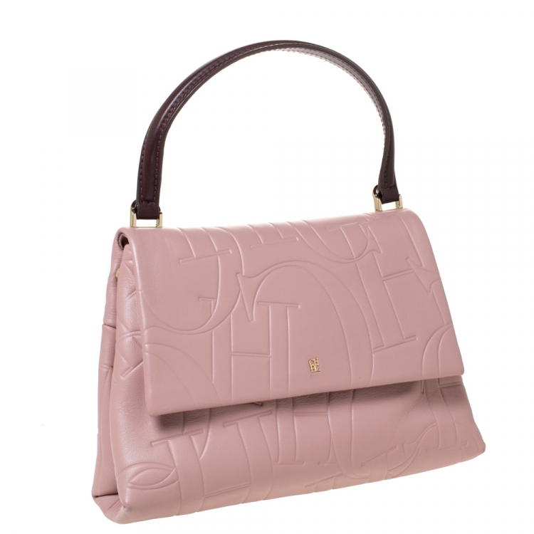 Pre Owned Carolina Herrera Pink Embossed Leather Top Handle Bag