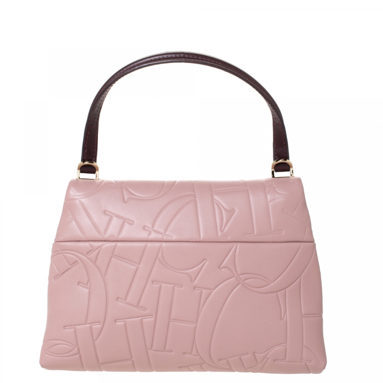 Pre Owned Carolina Herrera Pink Embossed Leather Top Handle Bag