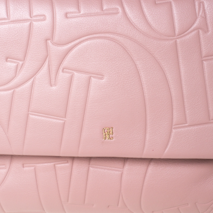 Pre Owned Carolina Herrera Pink Embossed Leather Top Handle Bag