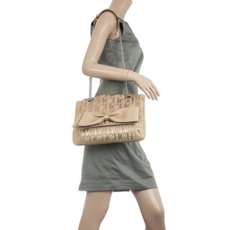 Pre Owned Carolina Herrera 'Holly' Gold Monogram Embossed Bag