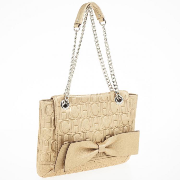 Pre Owned Carolina Herrera 'Holly' Gold Monogram Embossed Bag