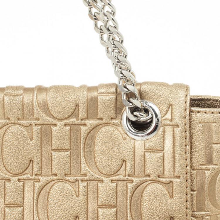 Pre Owned Carolina Herrera 'Holly' Gold Monogram Embossed Bag