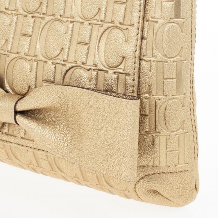 Pre Owned Carolina Herrera 'Holly' Gold Monogram Embossed Bag