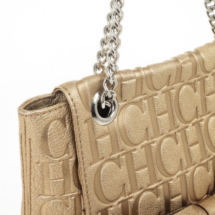 Pre Owned Carolina Herrera 'Holly' Gold Monogram Embossed Bag
