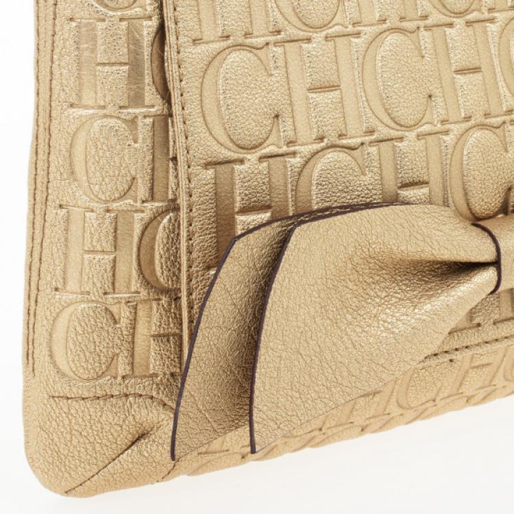 Pre Owned Carolina Herrera 'Holly' Gold Monogram Embossed Bag